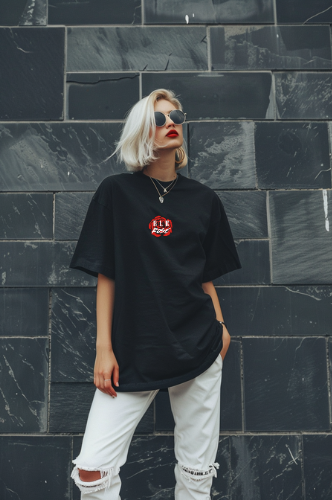 Model wearing women's off-white cotton crewneck tee.